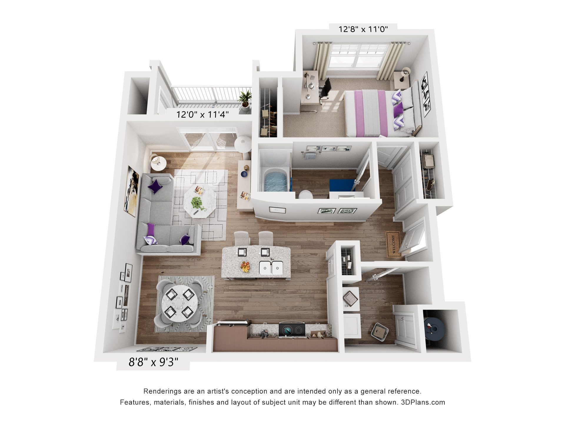 Floor plan for 1 bed, 1 bath, 860 sqft
